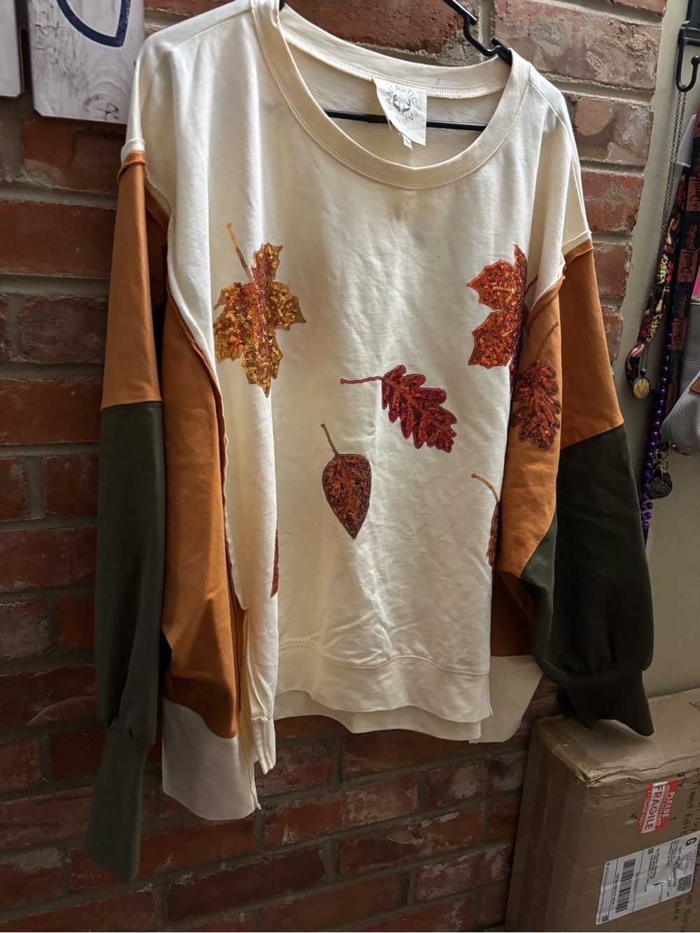 Fantastic Fawn Colorblock Sequin Fall Leaves Cotton Sweatshirt Oversized large - Picture 1 of 6